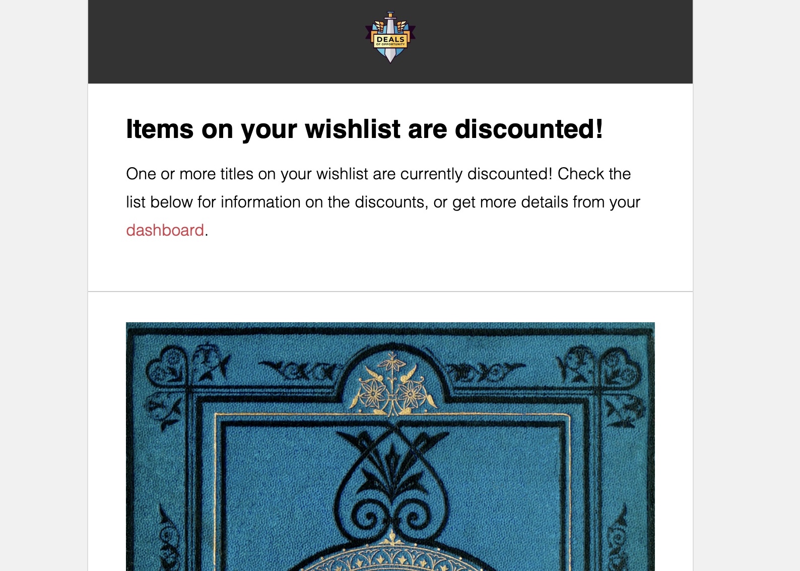 Image showing a screenshot of the email a Deals of Opportunity member would get about new discounts on their wishlists